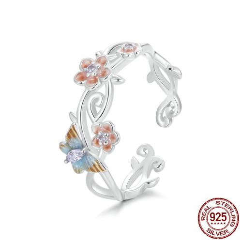 925 Sterling Silver Cuff Finger Ring, Flower, platinum plated, micro pave cubic zirconia & for woman & enamel, US Ring 