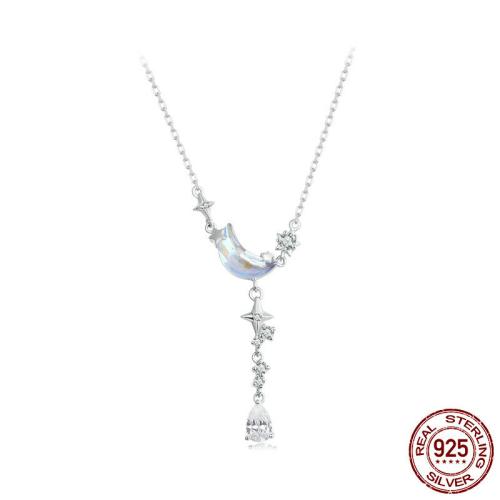925 Sterling Silver Necklace, with Glass, with 1.97inch extender chain, Moon and Star, platinum plated, oval chain & micro pave cubic zirconia & for woman Approx 15.75 Inch 
