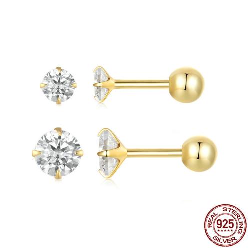 925 Sterling Silver Stud Earring, gold color plated & micro pave cubic zirconia & for woman 