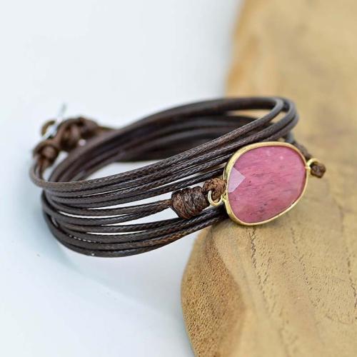 Fashion Create Wax Cord Bracelets, Zinc Alloy, with Wax Cord & Grain Stone, fashion jewelry & multilayer & for woman, brown Approx 17.5 cm 