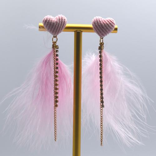 Fashion Feather Earring , with Cloth & Rhinestone & Zinc Alloy, gold color plated, fashion jewelry & for woman 100mm 
