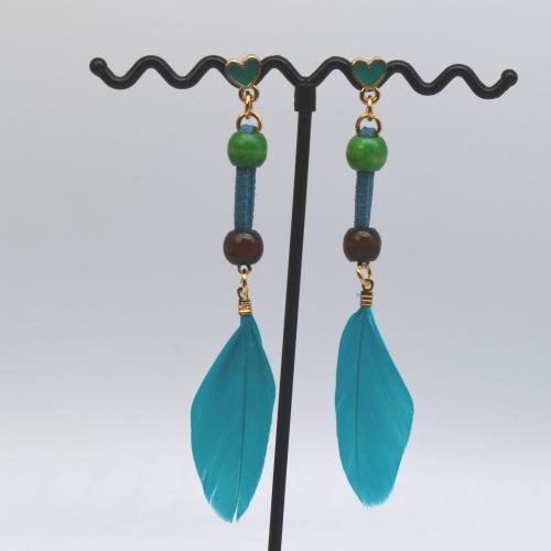 Fashion Feather Earring , with Velveteen & Wood & Zinc Alloy, gold color plated, fashion jewelry & for woman & enamel 85mm 