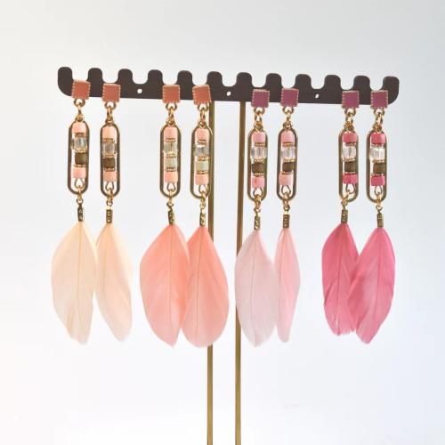 Fashion Feather Earring , with Crystal & Wood & Zinc Alloy, gold color plated, fashion jewelry & for woman & enamel 