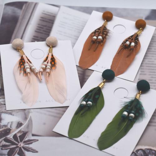 Fashion Feather Earring , with Velveteen & Seedbead & Zinc Alloy, gold color plated, fashion jewelry & for woman 55mm 