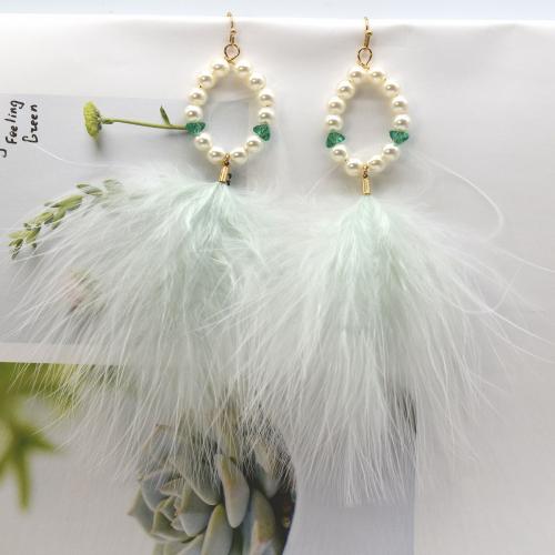 Fashion Feather Earring , with Crystal & Plastic Pearl, fashion jewelry & for woman Length about 80-90mm 