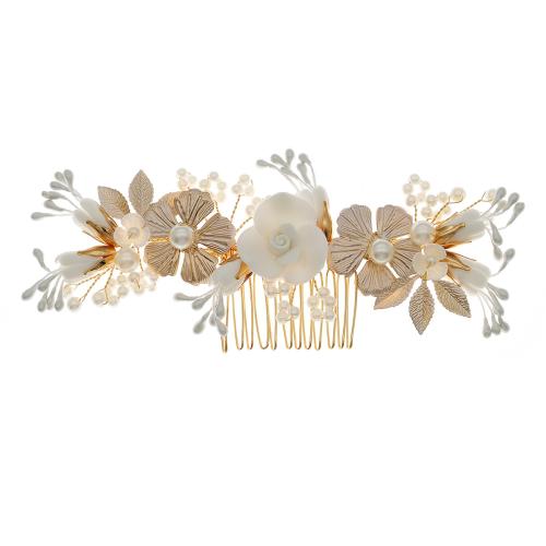 Dekoratives Haarkämmchen, Zinklegierung, mit Polymer Ton & Kunststoff Perlen, Modeschmuck & für Frau, goldfarben, 150x60mm, verkauft von PC