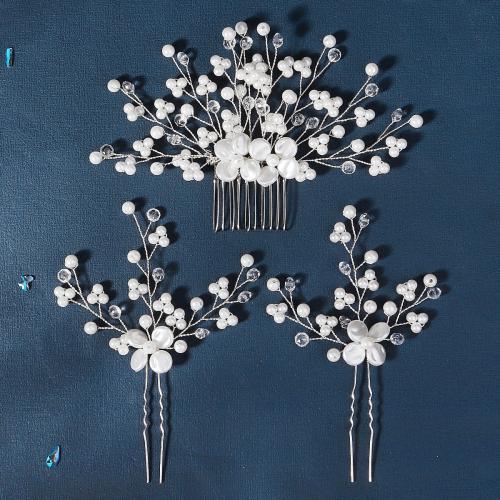 Zinc Alloy Hair Jewelry Set, hair comb & hair stick, with Crystal & Plastic Pearl, three pieces & fashion jewelry & for woman, silver color 