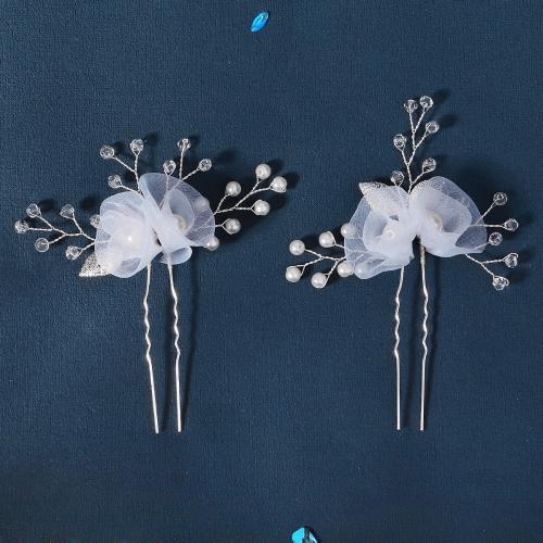 Hair Stick, Zinc Alloy, with Crystal & Plastic Pearl, 2 pieces & fashion jewelry & for woman, silver color 