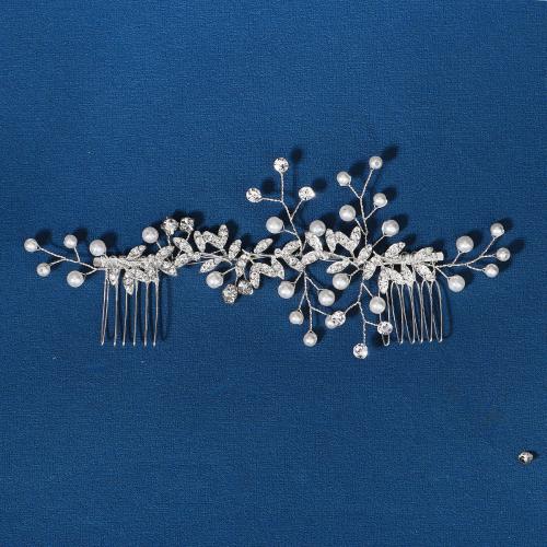 Dekoratives Haarkämmchen, Zinklegierung, mit Kunststoff Perlen, Modeschmuck & für Frau & mit Strass, Silberfarbe, 180x75mm, verkauft von PC