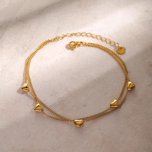 Stainless Steel Anklets Jewelry, 304 Stainless Steel, with 5cm extender chain, Heart, Vacuum Ion Plating, Double Layer & fashion jewelry & for woman, golden Approx 21 cm 