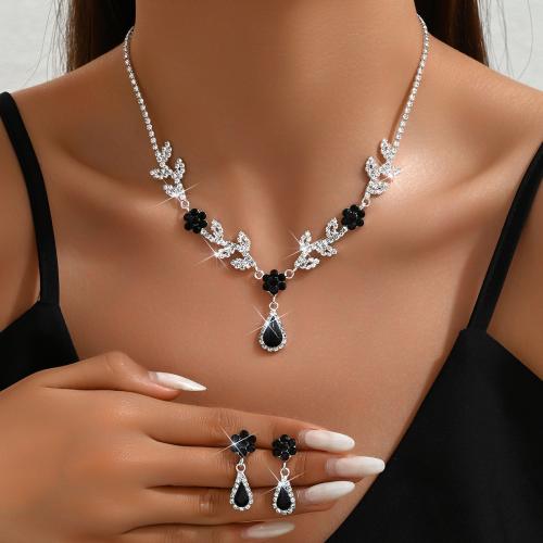 Rhinestone Zinc Alloy Jewelry Set, earring & necklace, silver color plated, 2 pieces & for woman & with rhinestone 