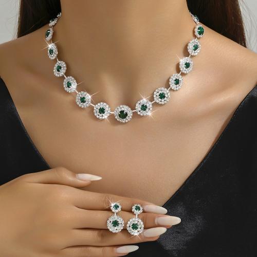 Rhinestone Zinc Alloy Jewelry Set, earring & necklace, silver color plated, 2 pieces & for woman & with rhinestone 