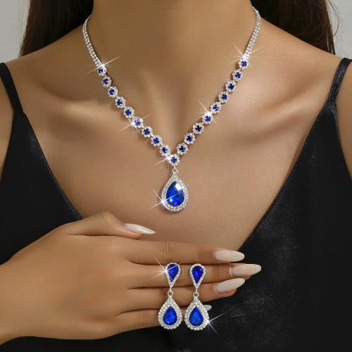 Rhinestone Zinc Alloy Jewelry Set, bracelet & earring & necklace, silver color plated & for woman & with rhinestone 