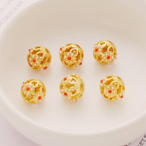Zinc Alloy Hollow Beads, with Cubic Zirconia & Shell, gold color plated, DIY 11mm [