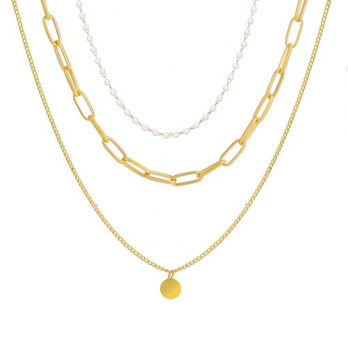 Mode-Multi-Layer-Halskette, Zinklegierung, mit Kunststoff Perlen, drei Schichten & Modeschmuck & für Frau, Goldfarbe, verkauft von setzen