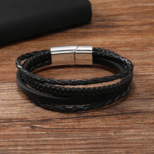 PU Leather Cord Bracelets, Zinc Alloy, with Magnet & PU Leather, for man, black 