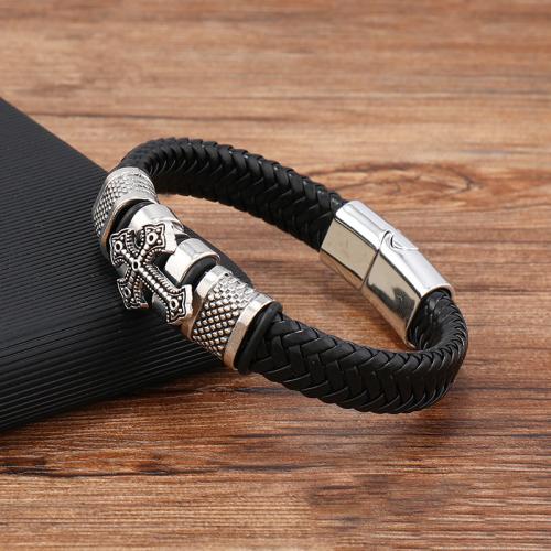 bracelet de cordon en PU , alliage de zinc, avec cuir PU, pour homme, noire, Vendu par PC