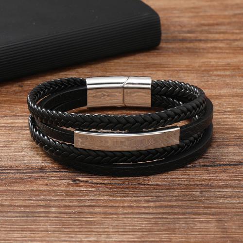 PU Leather Cord Bracelets, Zinc Alloy, with Magnet & PU Leather & 304 Stainless Steel, for man, black 