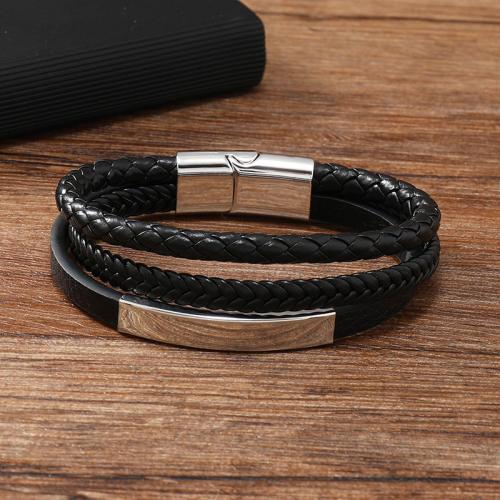 bracelet de cordon en PU , alliage de zinc, avec cuir PU & Acier inoxydable 304, pour homme, noire, Vendu par PC