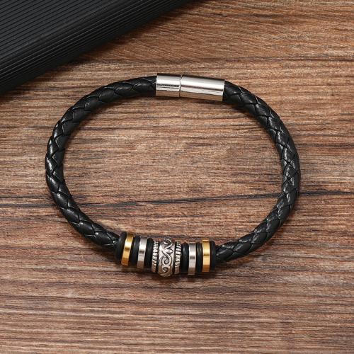 PU Leather Cord Bracelets, Zinc Alloy, with Magnet & PU Leather & 304 Stainless Steel, for man, black 