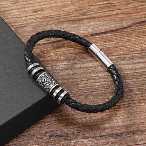 PU Leather Cord Bracelets, Zinc Alloy, with PU Leather & 304 Stainless Steel, handmade, punk style & for man, black 