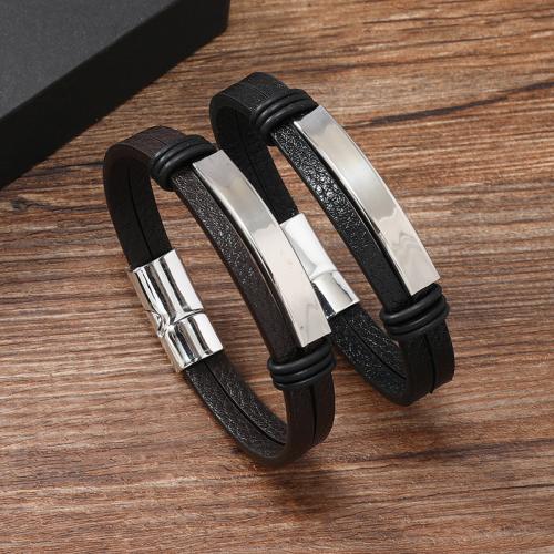 PU Leather Cord Bracelets, Zinc Alloy, with PU Leather & 304 Stainless Steel, handmade, for man 