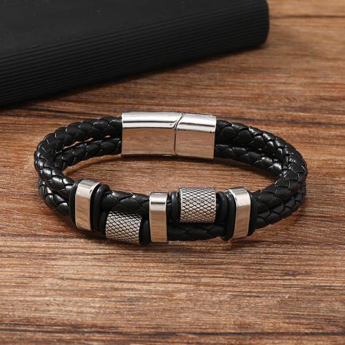 PU Leather Cord Bracelets, Zinc Alloy, with Magnet & PU Leather & 304 Stainless Steel, plated, for man, black [