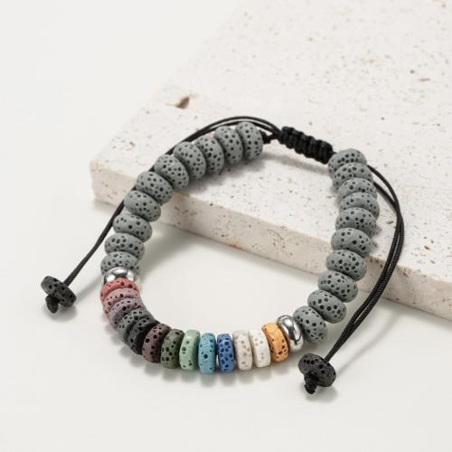 Lava Bead Bracelet, with Knot Cord, Flat Round, Adjustable & fashion jewelry & Unisex, mixed colors 
