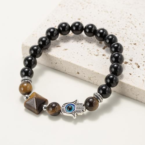 Black Obsidian Bracelet, with Tiger Eye & Resin & Zinc Alloy, Pyramidal, silver color plated, fashion jewelry & Unisex, mixed colors 