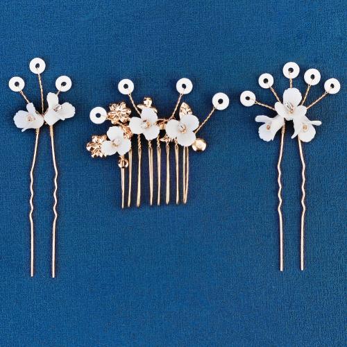 Zinc Alloy Hair Jewelry Set, hair comb & hair stick, with Porcelain & Plastic Pearl, three pieces & for woman & with rhinestone, golden 