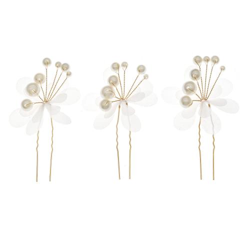 Hair Stick, Zinc Alloy, with Cloth & Plastic Pearl, three pieces & fashion jewelry & for woman, golden 