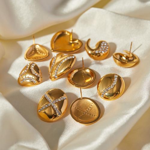Stainless Steel Rhinestone Stud Earring, 304 Stainless Steel, 18K gold plated & for woman & with rhinestone, golden 