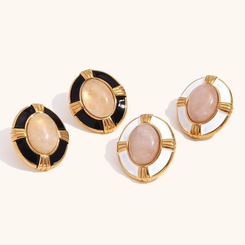 Stainless Steel Stud Earring, 304 Stainless Steel, with Natural Stone, 18K gold plated, fashion jewelry & for woman & enamel 