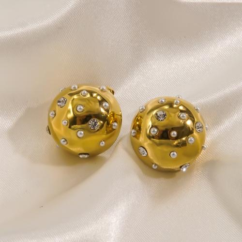 Stainless Steel Stud Earring, 304 Stainless Steel, with Plastic Pearl, Dome, Vacuum Ion Plating, fashion jewelry & micro pave cubic zirconia & for woman 