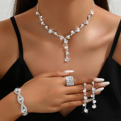 Rhinestone Zinc Alloy Jewelry Set, finger ring & bracelet & earring & necklace, plated, 4 pieces & for woman & with rhinestone 