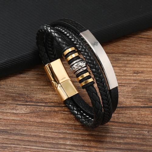 bracelet de cordon en PU , alliage de zinc, avec cuir PU & Acier inoxydable 304, pour homme, noire, Vendu par PC