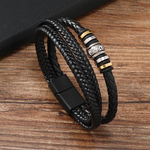 PU Leather Cord Bracelets, Zinc Alloy, with PU Leather & 304 Stainless Steel, for man, black 
