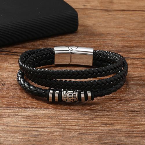 PU Leather Cord Bracelets, Zinc Alloy, with PU Leather & 304 Stainless Steel, plated, for man, black 
