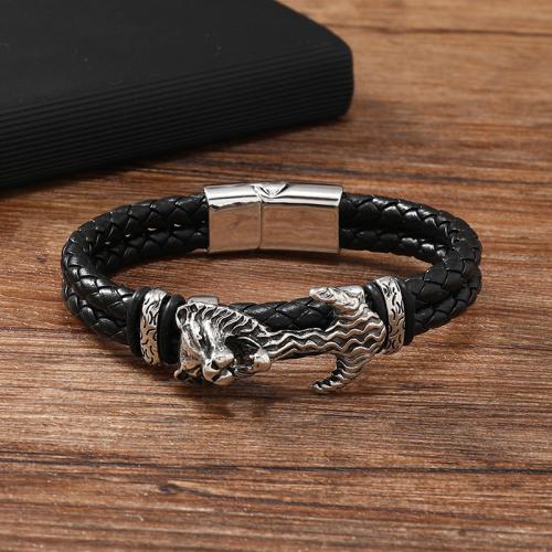 PU Leather Cord Bracelets, Zinc Alloy, with PU Leather, plated, for man, black 