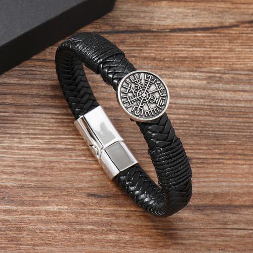 PU Leather Cord Bracelets, Zinc Alloy, with Magnet & PU Leather, handmade, for man, black 
