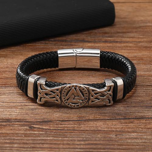 PU Leather Cord Bracelets, Zinc Alloy, with PU Leather & 304 Stainless Steel, plated, for man, black 