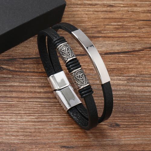 PU Leather Cord Bracelets, Zinc Alloy, with Magnet & PU Leather & 304 Stainless Steel, handmade, punk style & for man, black 