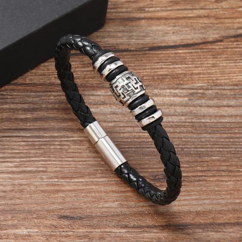 PU Leather Cord Bracelets, Zinc Alloy, with Magnet & PU Leather & 304 Stainless Steel, handmade, for man, black 