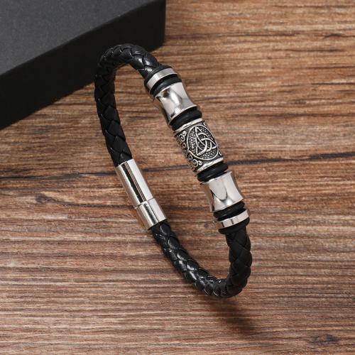 ПУ шнур браслеты, цинковый сплав, с Искусственная кожа & Нержавеющая сталь 304, Связанный вручную, панк-стиль & Мужский, черный, продается PC
