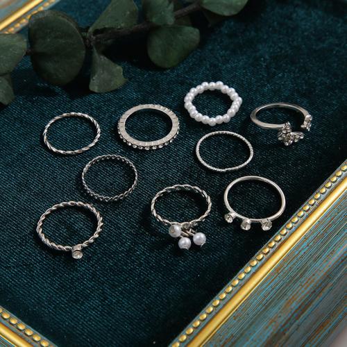 Zinc Alloy Ring Set, with Crystal & Plastic Pearl, plated, nine pieces & for woman 
