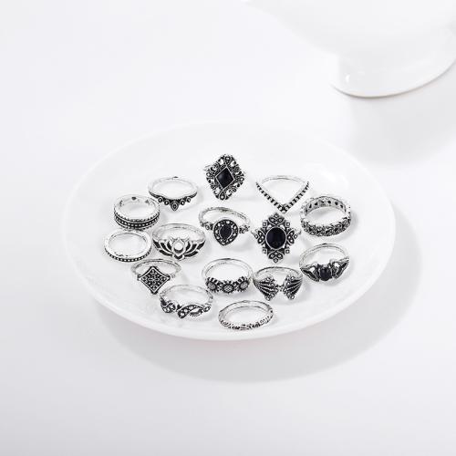 Zinc Alloy Ring Set, with Gemstone, Antique finish, 15 pieces & micro pave cubic zirconia & for woman, silver color 