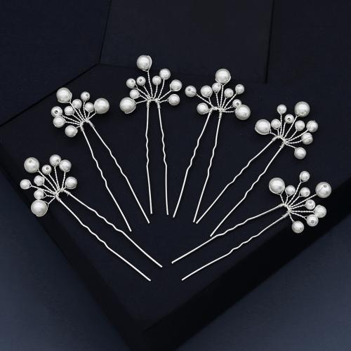 Hair Stick, Brass, with Plastic Pearl, fashion jewelry & for woman, silver color 