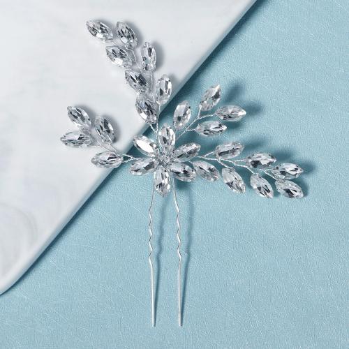 Hair Stick, Brass & for woman & with rhinestone, silver color [