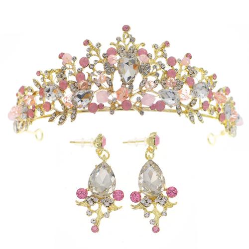 Zinc Alloy Hair Jewelry Set, Hair Band & earring, 2 pieces & for woman & with rhinestone, golden 