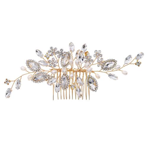 Decorative Hair Combs, Brass, with Plastic Pearl, handmade, fashion jewelry & for woman & with rhinestone, golden 